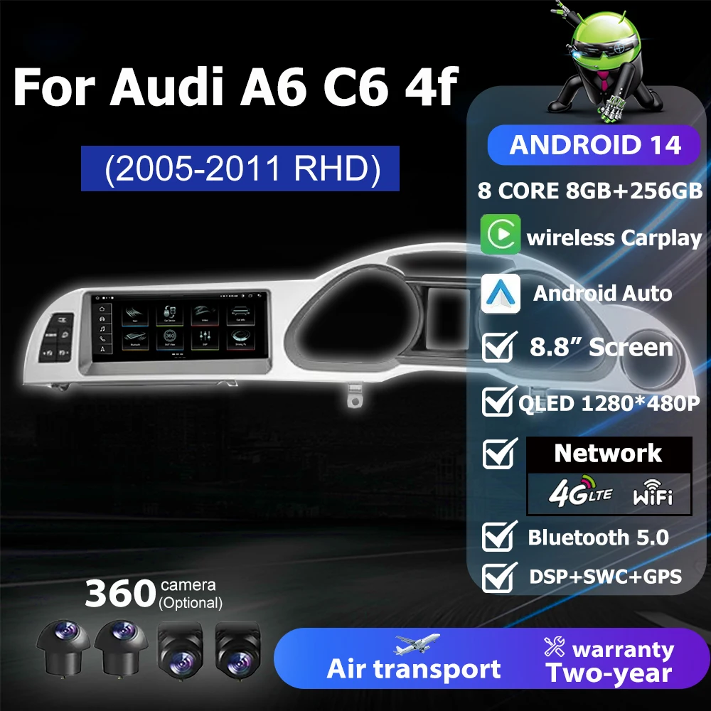 

RHD 8.8" For Audi A6 C6 4f 2005 2006 2007 2008-2011 Car Multimedia Android 14 Auto Radio Stereo CarPlay GPS Navi BT 4G WIFI