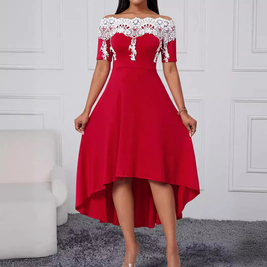 

Women Elegant Dress Summer Red Off-the-shoulder Short Sleeve Lace Trim Fashion A-line Slim Irregular Skirt Hem Banquet Ball