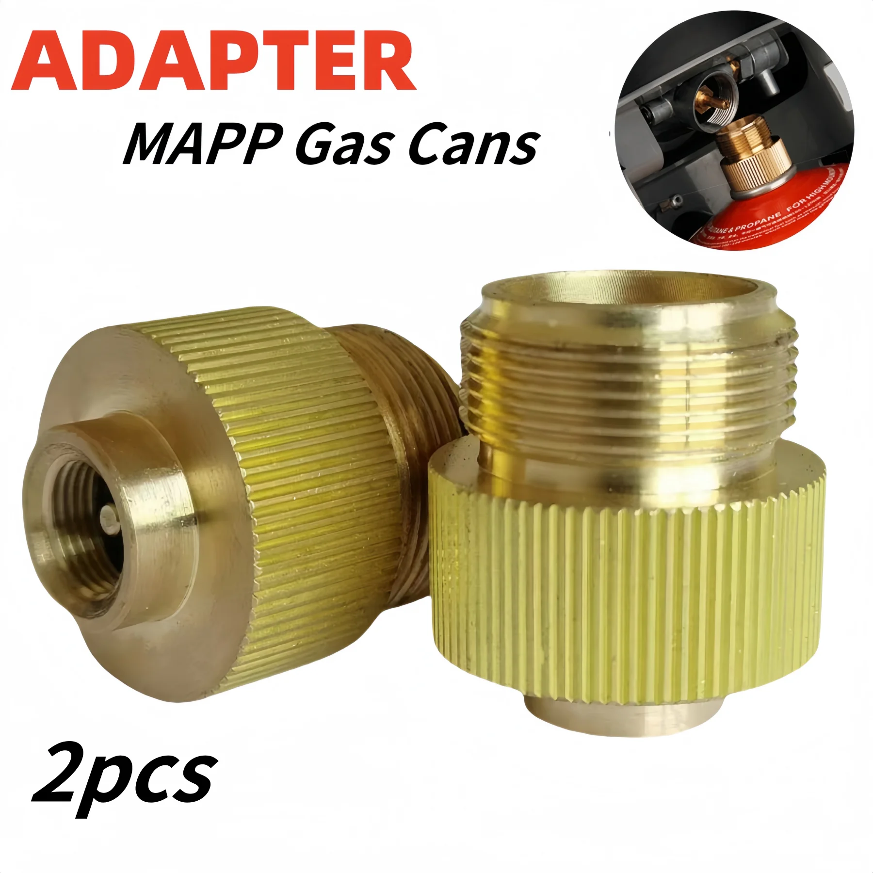 Adaptador de Gas Mapp de 2 piezas, tanque de Gas plano estándar de 1 "a 7/16"-28NS, funciona con parrillas de barbacoa, estufas de Camping, quemadores de Gas, calentador.