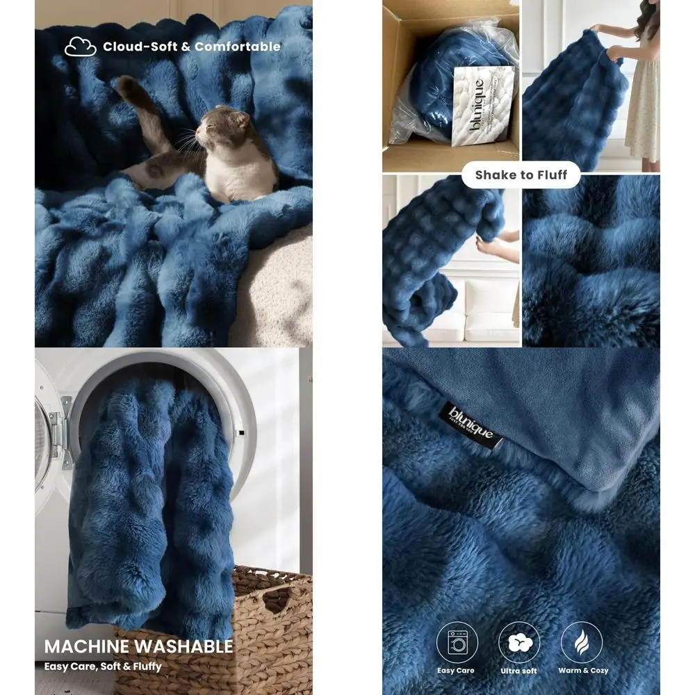 

Luxurious Oversized Fuzzy Cozy Throw Blanket, 60x80, Plush Bubble Design, Ideal for Couch, Bed, Living Room, Blue