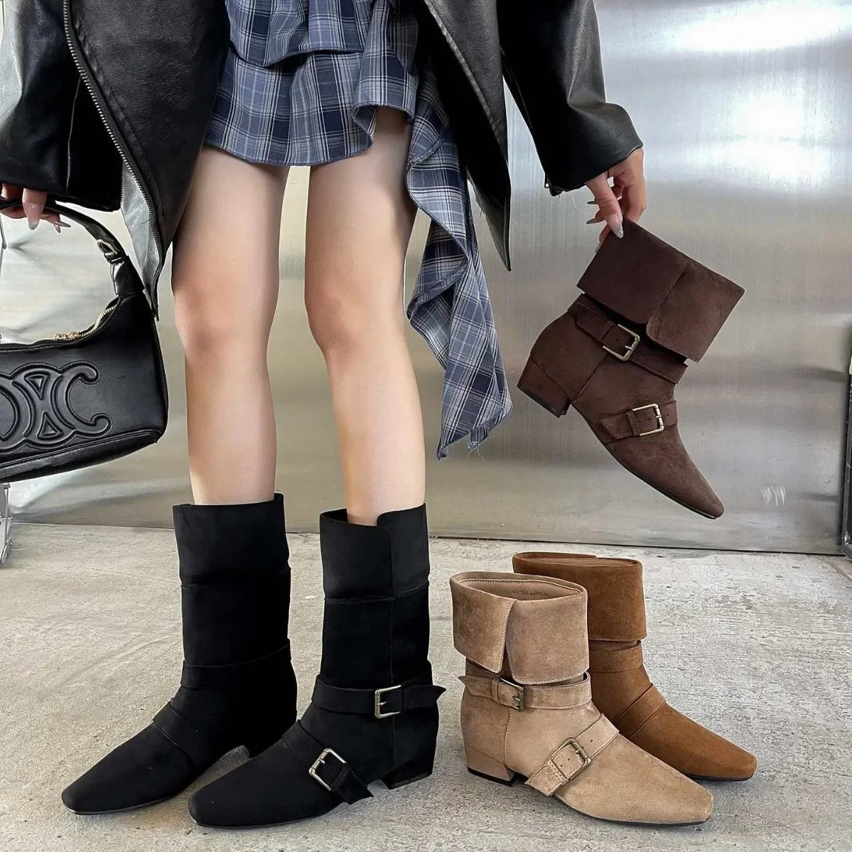 

Retro Western Women Short Boots Trendy Buckle Belt Decoration Thick Heels Slip on Modern Botas Mujer Autumn Suede Lady Shoes