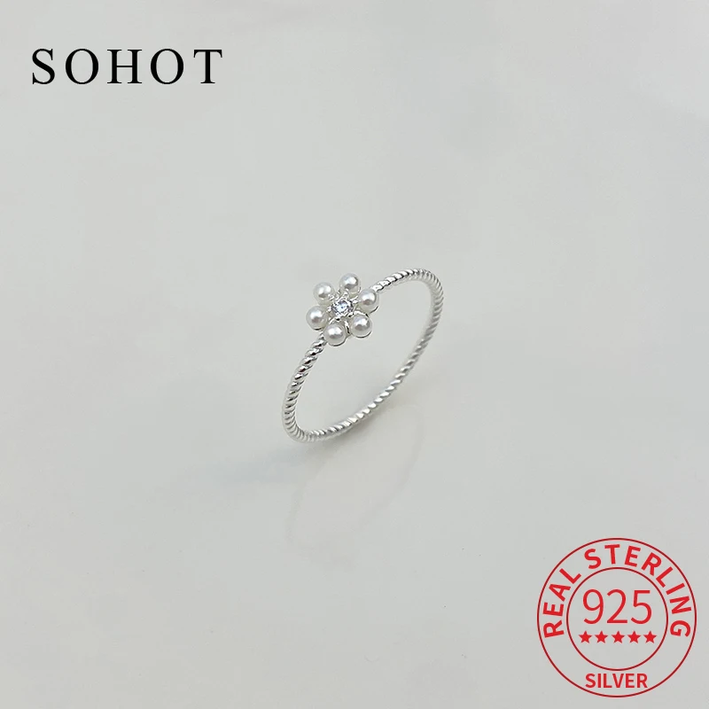 

Real 925 Sterling Silver Minimalist Pearl Flower Mini Zircon Ring for Charm Women Cute Fine Jewelry Exquisite Accessories