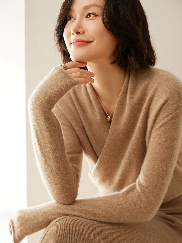 Women's 100% pure cashmere knitted sweater, high-quality V-neck pullover sweater, women's winter fashion new clothing top