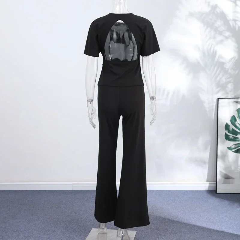 Sexy Rückenfreies Top und Hosen-Set für Damen, Einfarbiges Kurzarm-Oberteil mit Langer Schmaler Hose, Damenanzug für Sommer und Herbst 2026, Neu – Detail 2