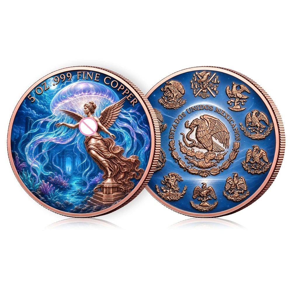 5oz .999 Fine Copper Colorized Angel Jellyfish Medallion Round Copper Coin Mexican Eagle  Art Medal Ocean Theme Souvenir Gift