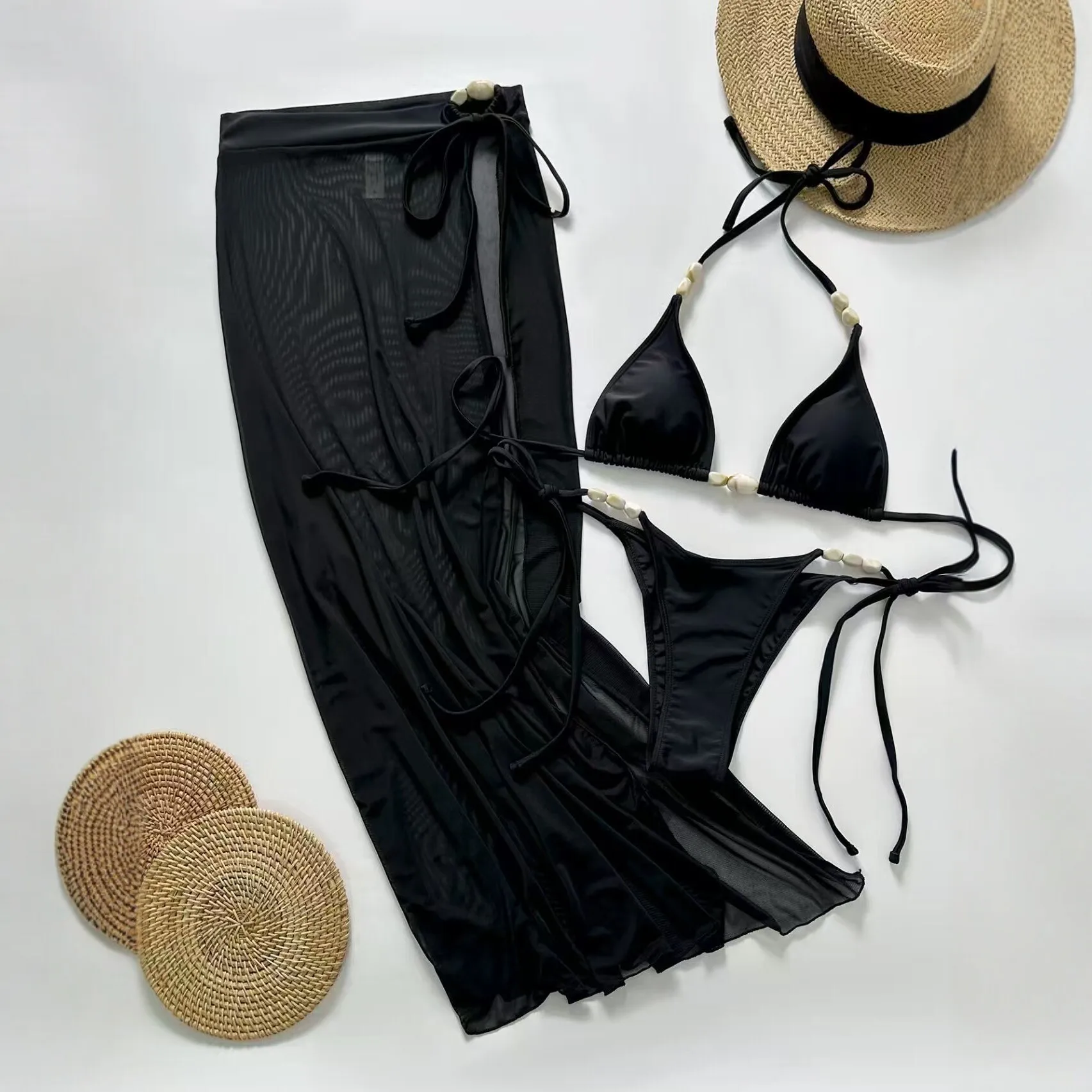 

Комплект бикини из 3 предметов в европейском стиле, черный, с завязками на шее, сексуальный, с открытой спиной, с завязками по бокам, пляжная одежда для отпуска, 2026 год