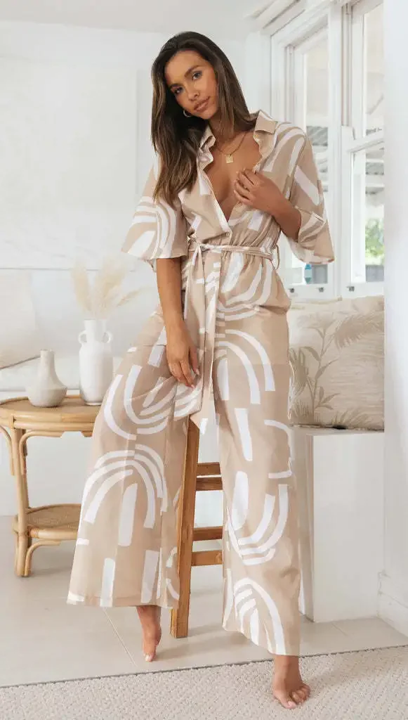 Overalls Women 2023 Summer New Jumpsuit Mid Waist Abstract Print Lace Up Office Lady Rompers Elegant One Piece Trousers