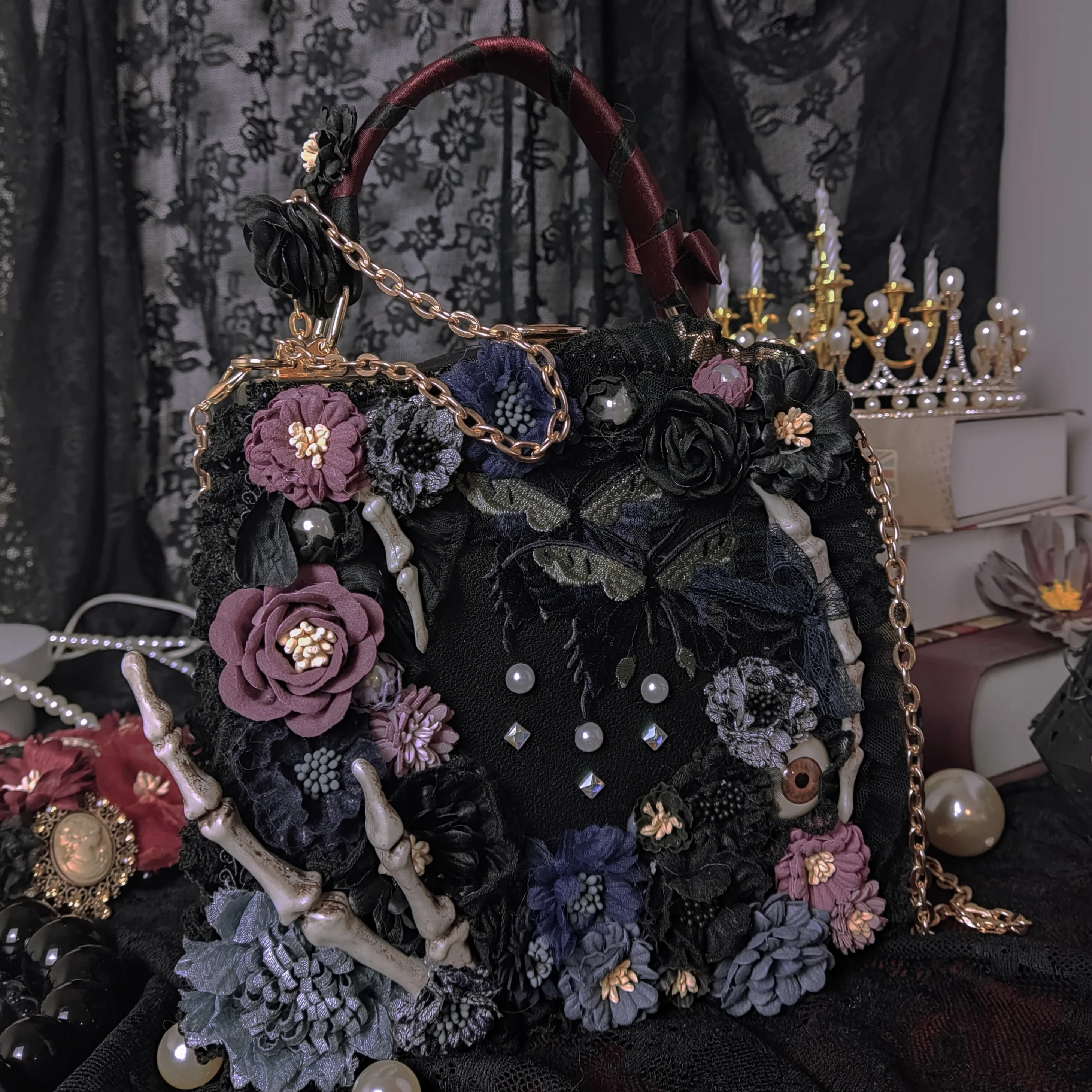 Women Girl Vintage Punk Handbags Black Gothic Satchels Flower Shoulder Bag Crossbody Bags Eyeball Butterfly Skeleton Hand