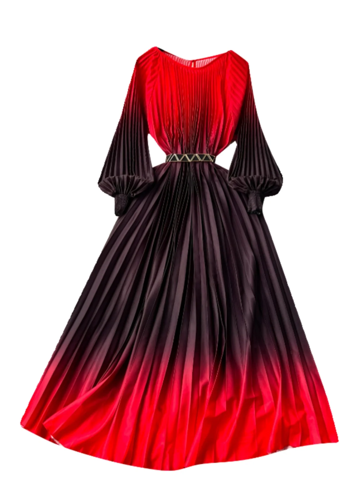 우아한 그라데이션 컬러 플리츠 롱 드레스 여성 하이웨이스트 디자인 센세이션 슬리밍 분위기 출퇴근 한국 스타일 A라인 스커트