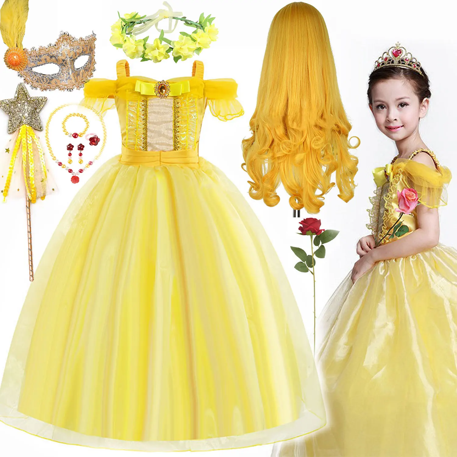 Children Fancy Costume Party Carnival Belle Yellow Dress Up for Girl Christmas Birthday Cosplay Belle Snowflake Puffy Dress