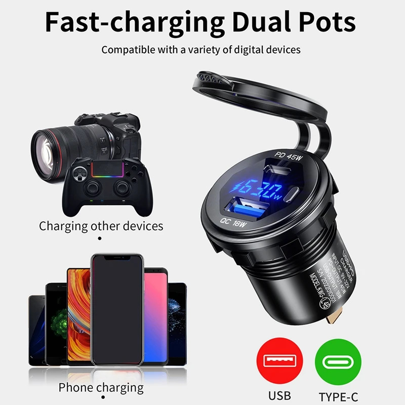 Металлическое быстрое зарядное устройство 3,0 и тип PD C45W USB18W, автомобильное зарядное устройство, розетка USB, быстрая зарядка