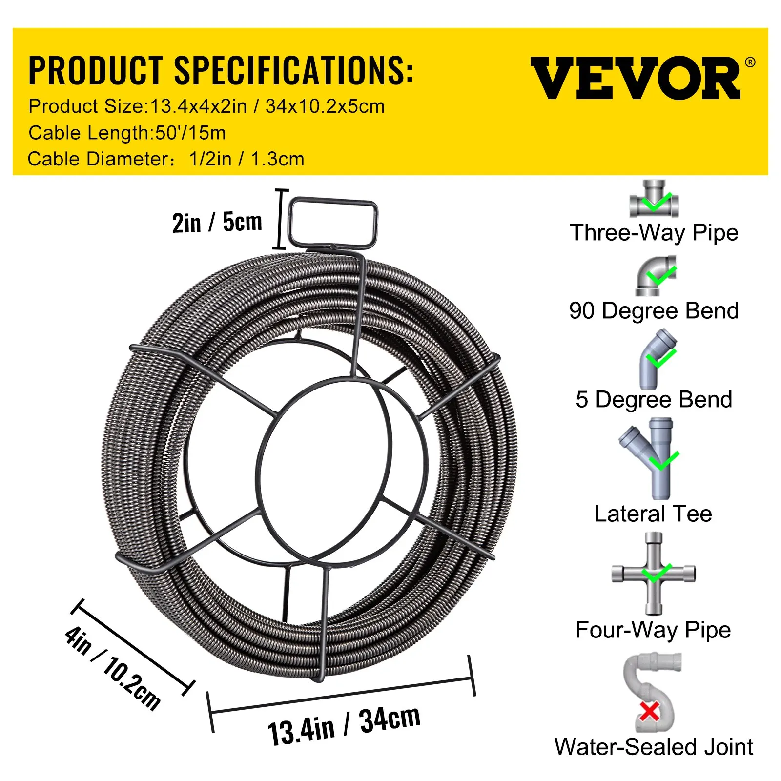 VEVOR-Cable de limpieza de drenaje de 50/75/100 pies x 1/2 pulgadas, núcleo sólido, Cable de alcantarillado, limpiador de cables, Zueco de serpiente, limpieza de tuberías