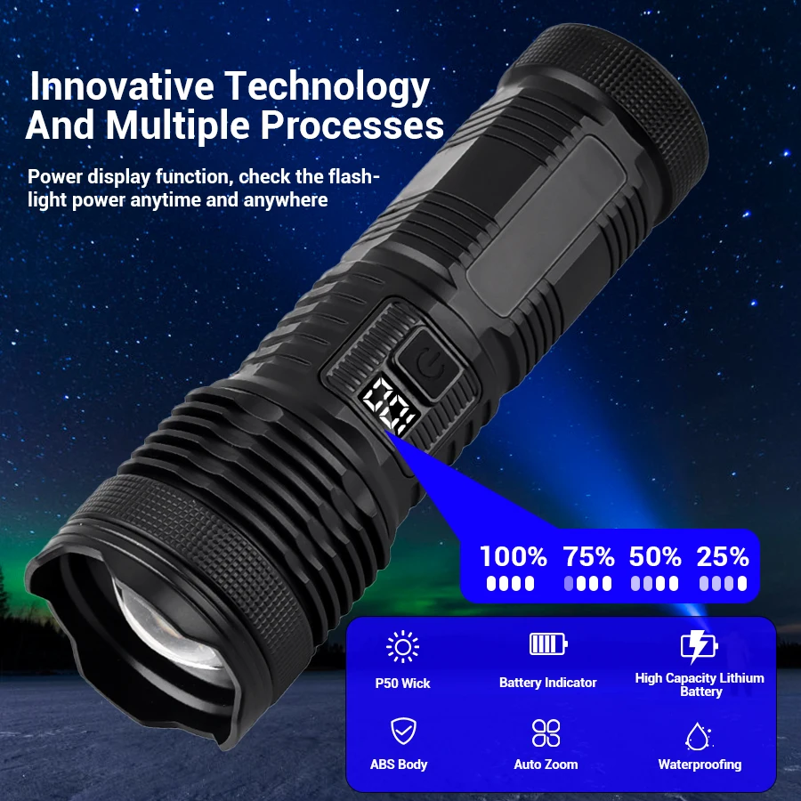 Most Powerful P50 FlashLight Flash light 5 Modes Usb Zoom Led Torch Built-in 18650 Battery Camping Fishing Drop Shipping