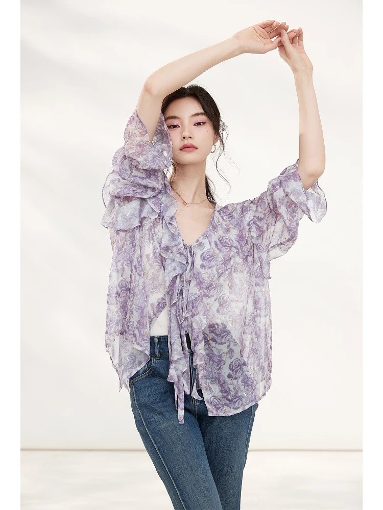 

Spring 2026 Silk Blouse Women's Popular Small Audience Silk Shirt Floral Print Bell Sleeve V-neck French Style Loose...