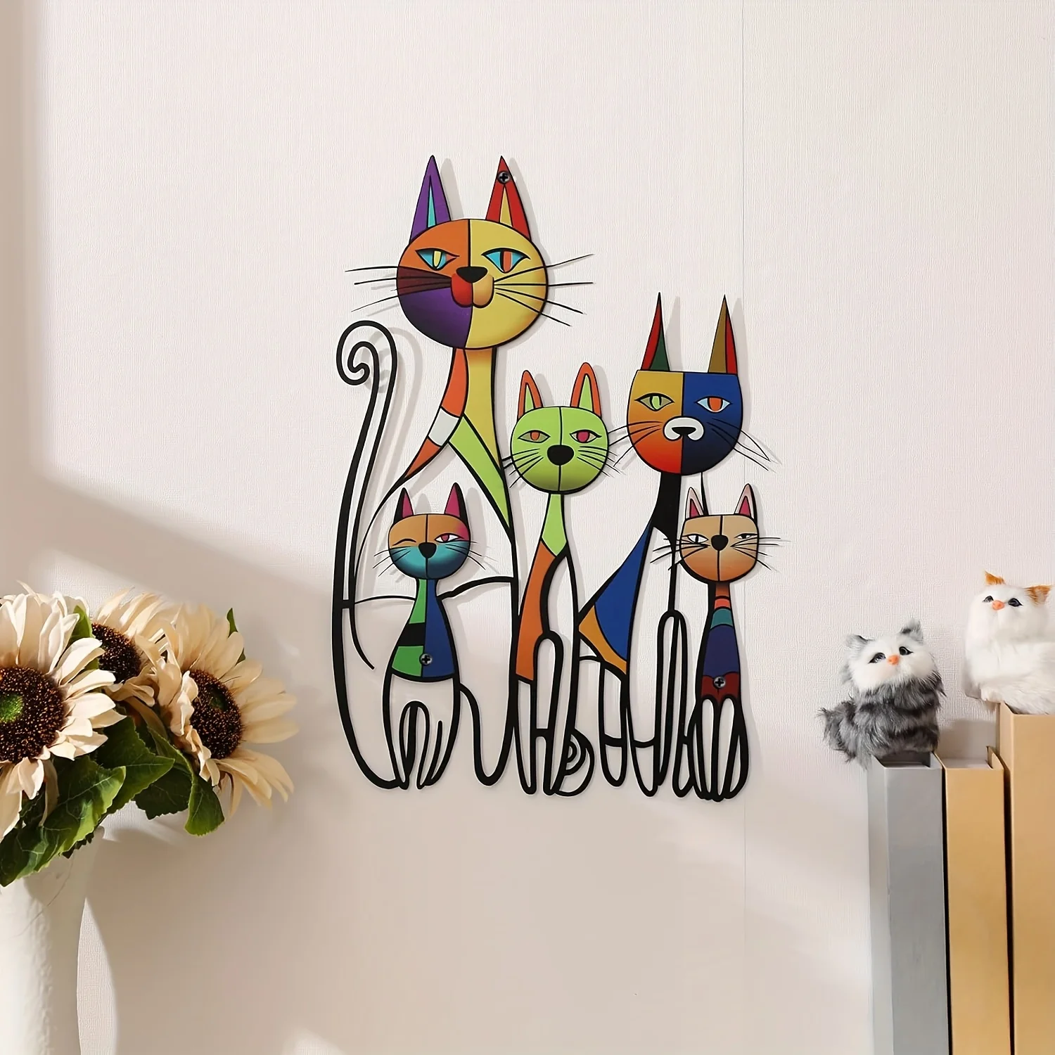 Cat Wall Art Decor Iron Wall Sculpture for Cat Lovers, Colorful Medieval Cat Vintage Sign Outdoor Wall Decoration