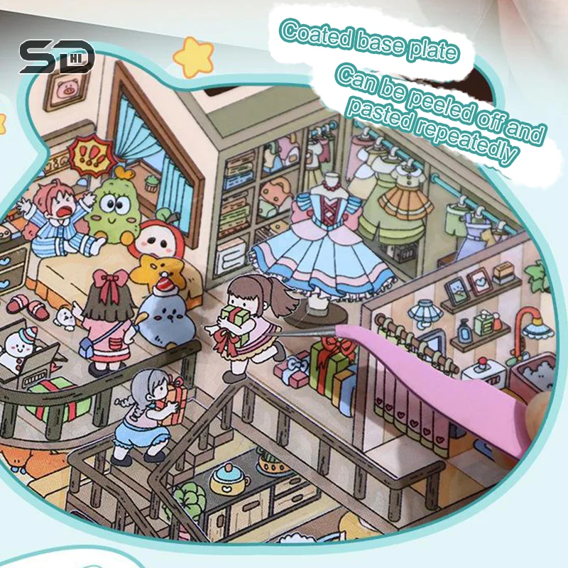 Large Size Cartoon Creative Three-Dimensional Landscaping DIY Handbook Stickers Cute Cabin Scene Stacking Decor Pasting Sticker