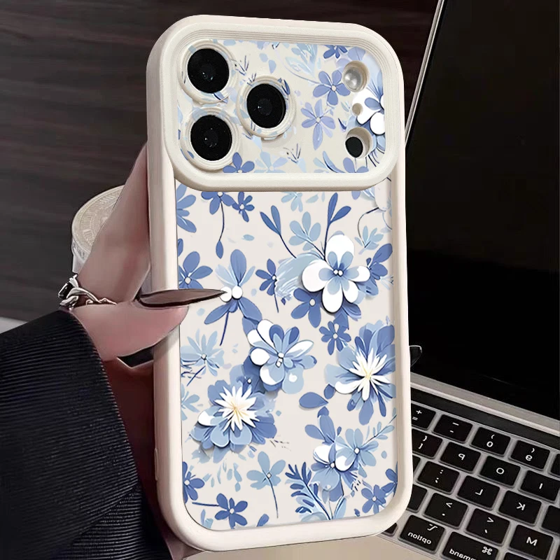 Blue White Flowers Case For iPhone 17 Pro Max Funda iPhone 16 Pro Max 11 12 13 14 15 16E Air Shockproof TPU Silicone Soft Cover