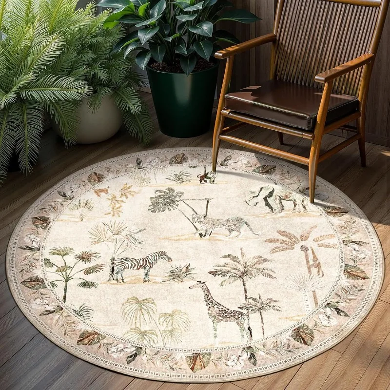 

Large Area Round Living Room Carpet Tropical Flora Fauna Print Bedroom Rug Nordic Style Machine Washable Coffee Table Mat Tapis