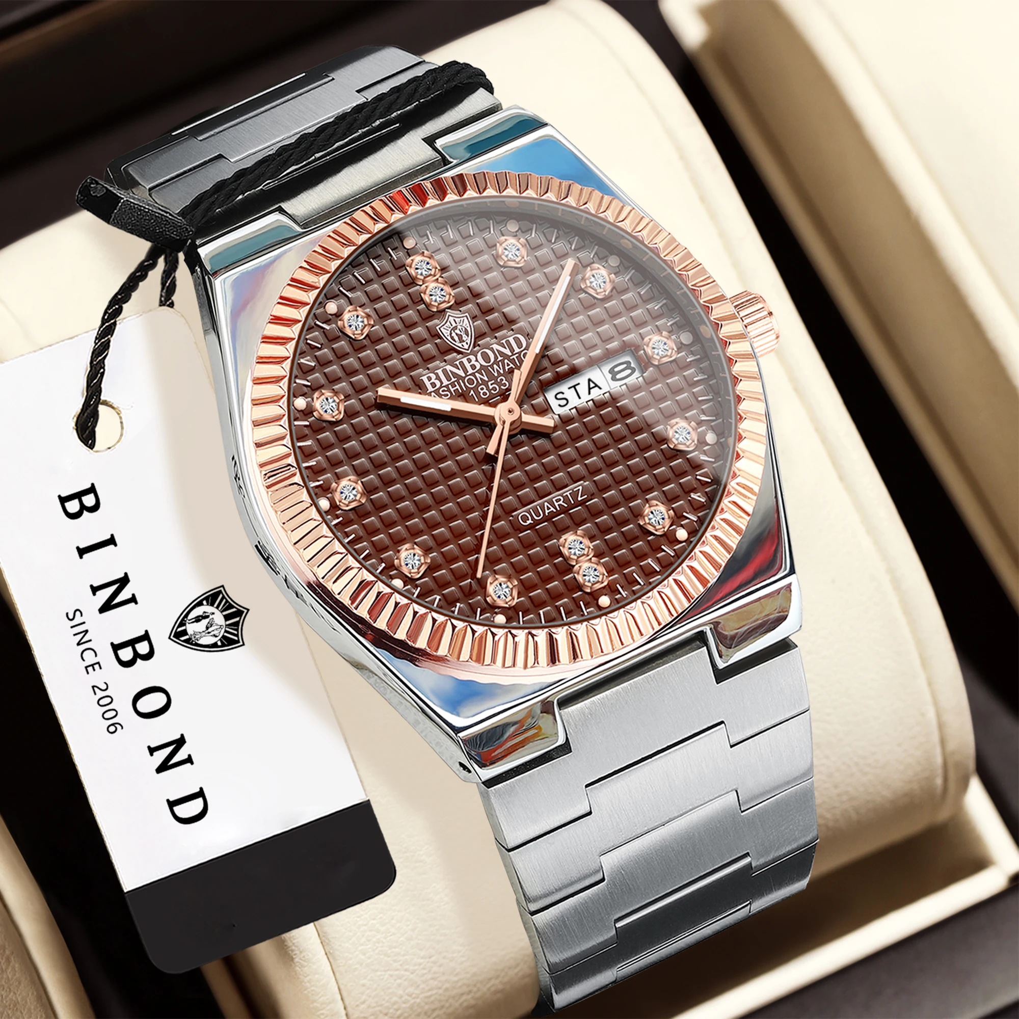 BINBOND Quartz Watches For Men Luxury Luminous Waterproof Stainless Steel Men's Wristwatch Reloj Hombre Original Man Watch