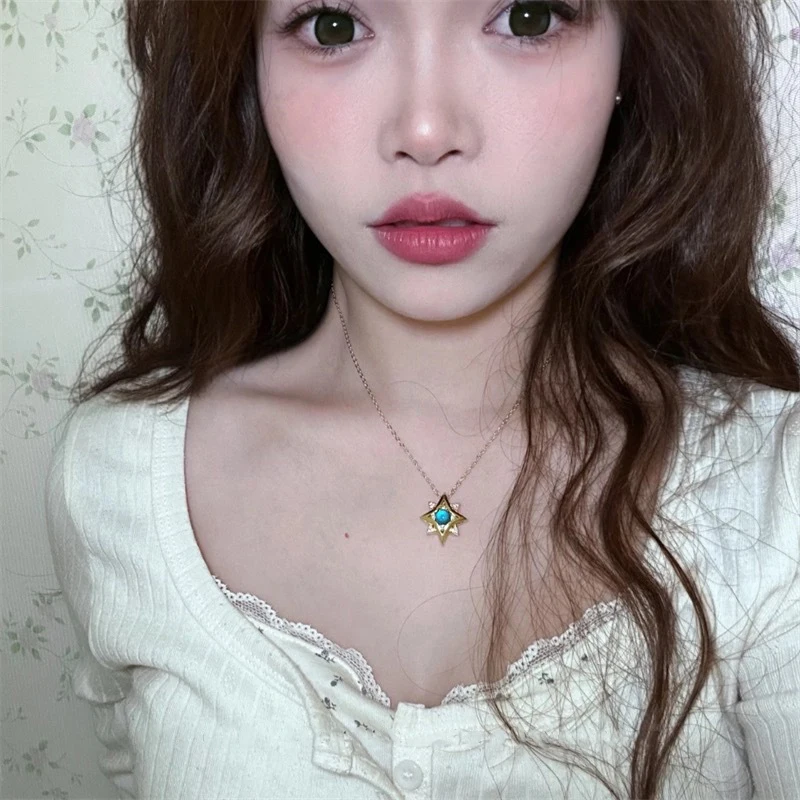 الأزرق كريستال مثمنة نجمة قلادة قلادة ملهمة ضوء الفاخرة لامعة الماس البطانة طوق سلسلة الراقية المجوهرات هدية