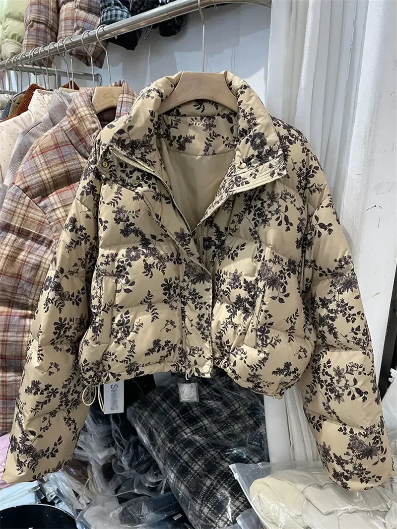 New Chinese Style Floral Printed Standing Collar Down Jacket for Women Winter Clothes Warm Thick Quilted Coat Women Clothing