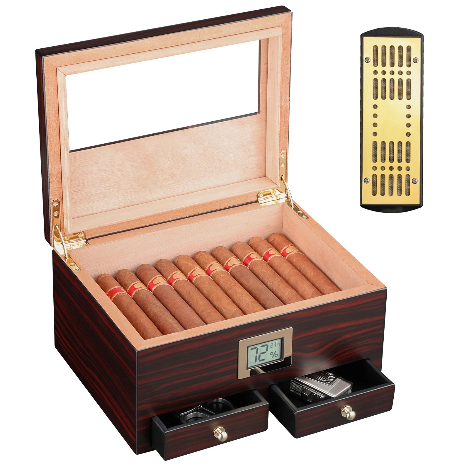 XIFEI Cigar Humidor With Hygrometer Humidifier 2 Drawers Cedar Wood Portable Humidor Box Cigar Case Fit 25-50 Cigars Cabinet