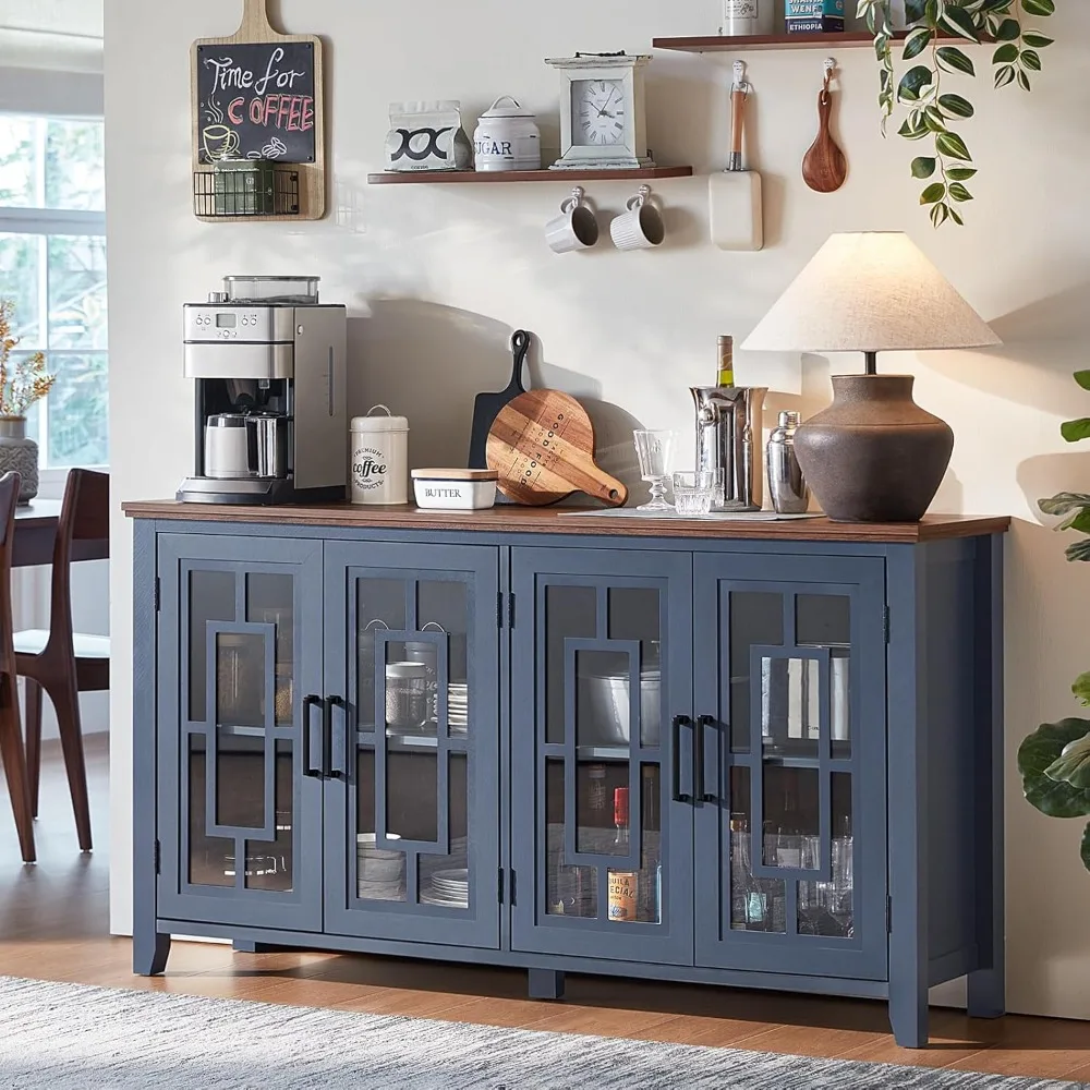 

Large Sideboard Buffet Cabinet with Storage, 63" Farmhouse Navy Blue Kitchen Coffee Wine Bar Cabinet with 4 Glass Doors, Wood