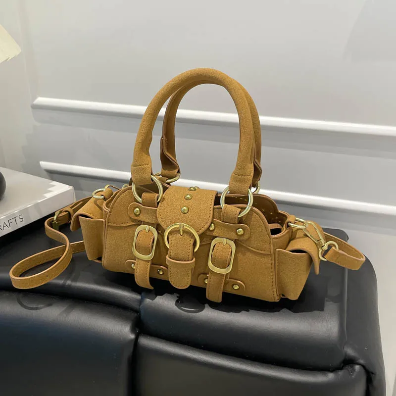 

Hot Girl Single Mini Shoulder Crossbody Bag Vintage Washed Suede Leather Motorcycle Bag Large Capacity Multi Pocket Bag