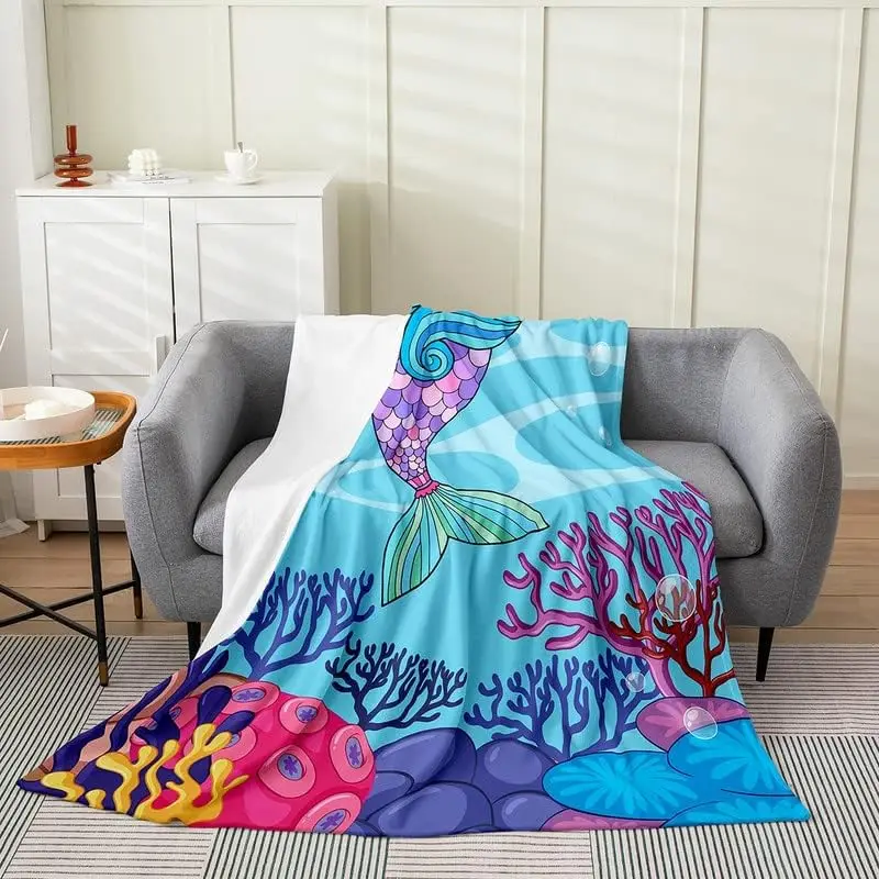 

Mermaid Plush Throw Blanket, Ocean Life Sea Animal All Season,Bed Blanket Princess Decor Flannel Fleece Blanket Blue for