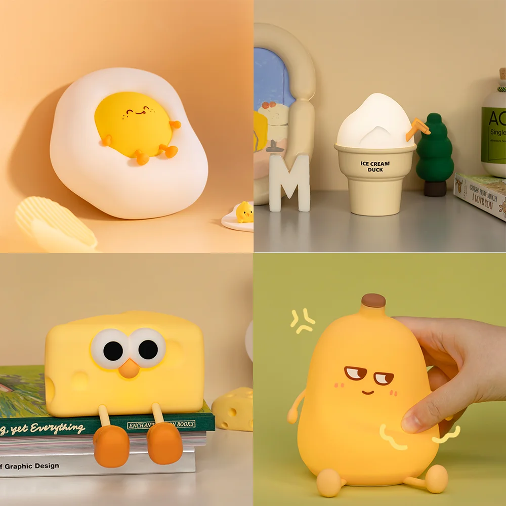 Cute Night Light Cheese Banana Egg Ice Cream Duck Silicone Lamp Phone Holder USB Rechargeable Christmas Birthday Gift Boys Girls