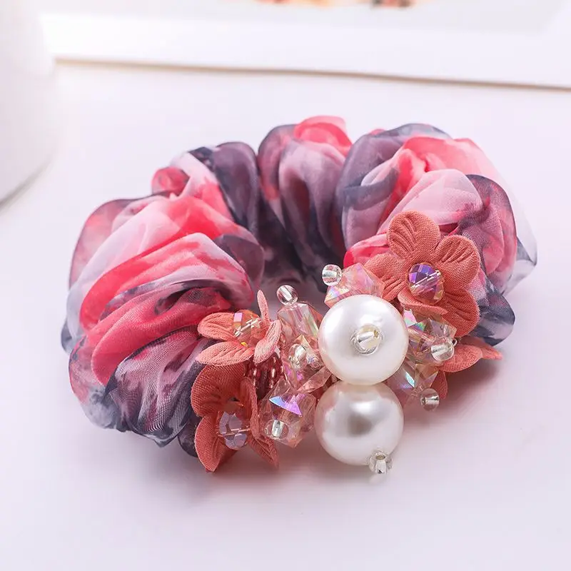 Pearl Silk Yarn Hair Ring  Elastic Hair Bands  Printed Headdress Flower Ponytail  Simple and Elegant Accesorios Para El Cabello