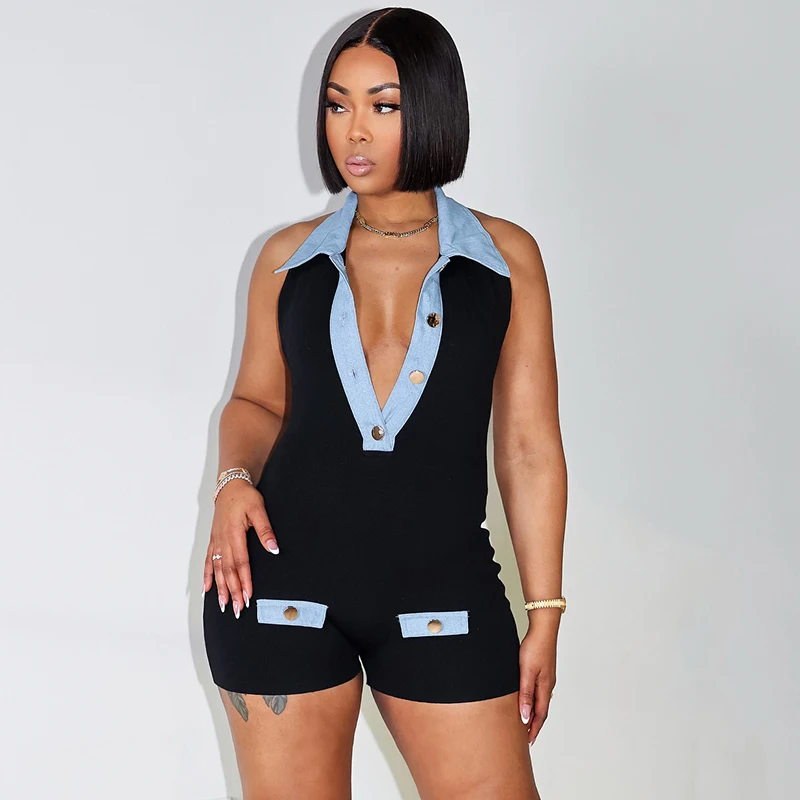 Female short jumpsuit summer 2025 new Halter neck bodysuit sexy open back playsuit fashion Denim Polo collar sleeveless overalls