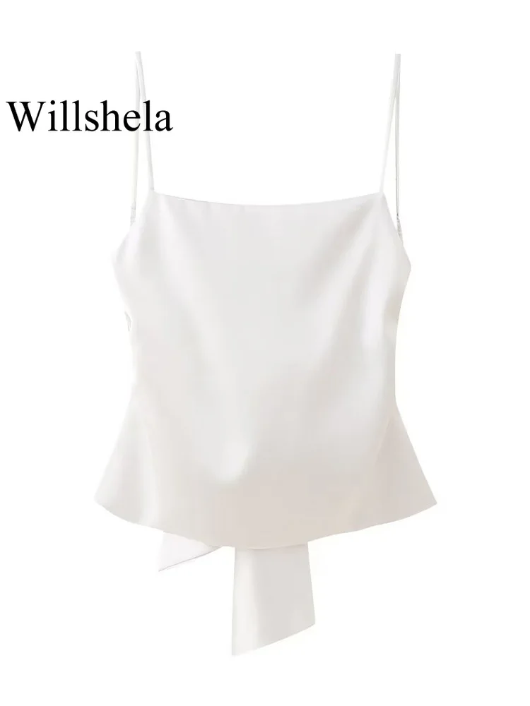 Willshela Women Fashion Solid Backless Bow Lace Up Camisole Vintage Thin Straps Square Collar Female Chic Lady Tops