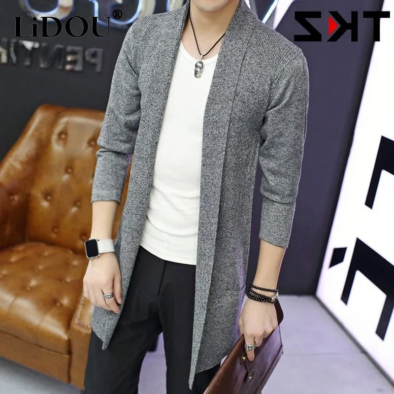 

2024 New Solid Color Fashion V-neck Long Sleeve Knitting Cardigan Man Casual Loose Mid-length All-match Outwear C28