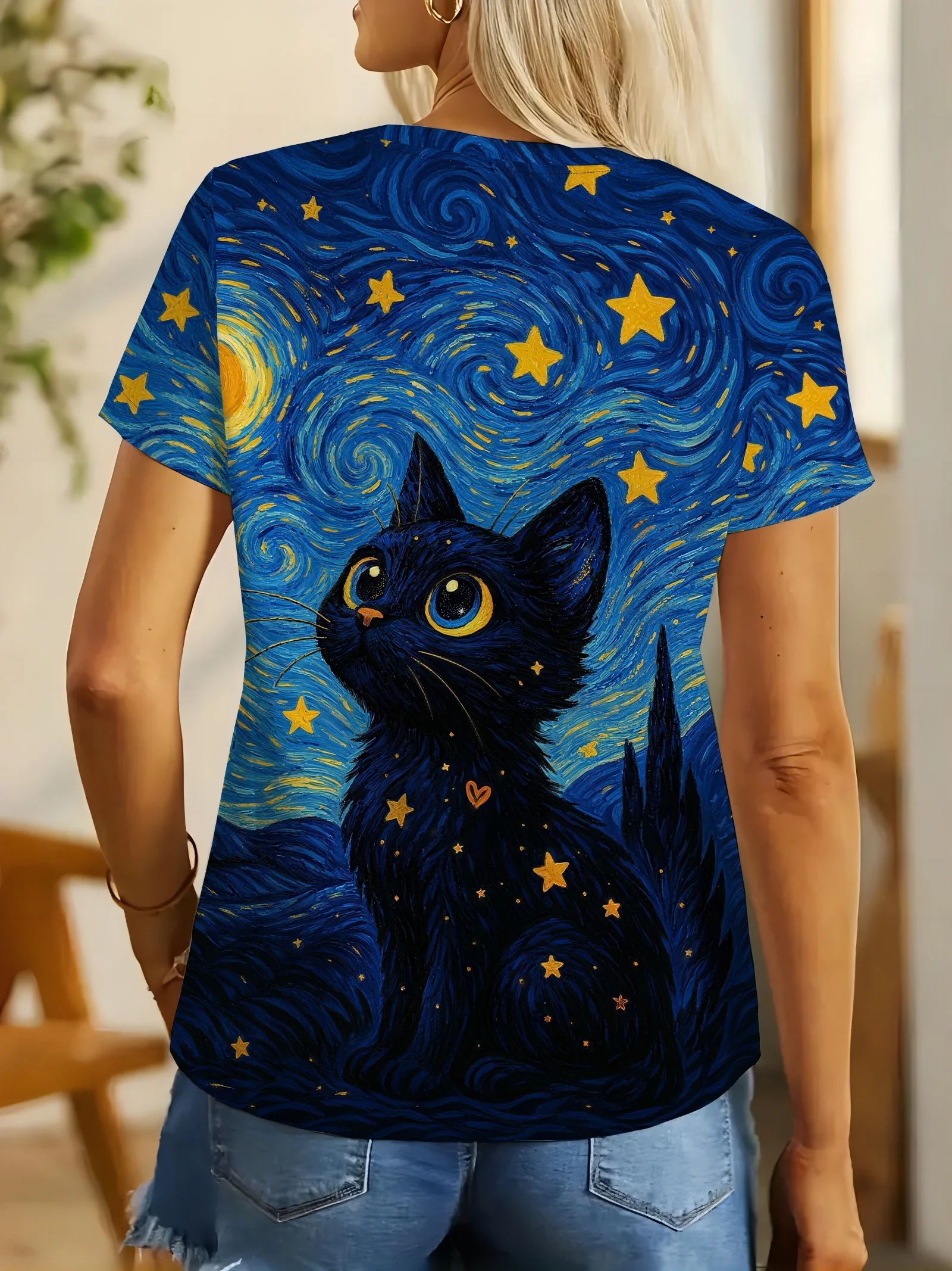 Women Crew Neck T-shirt Van Gogh Starry Sky Black Cat Print Artistic Blue Background Short Sleeve Casual Summer Top