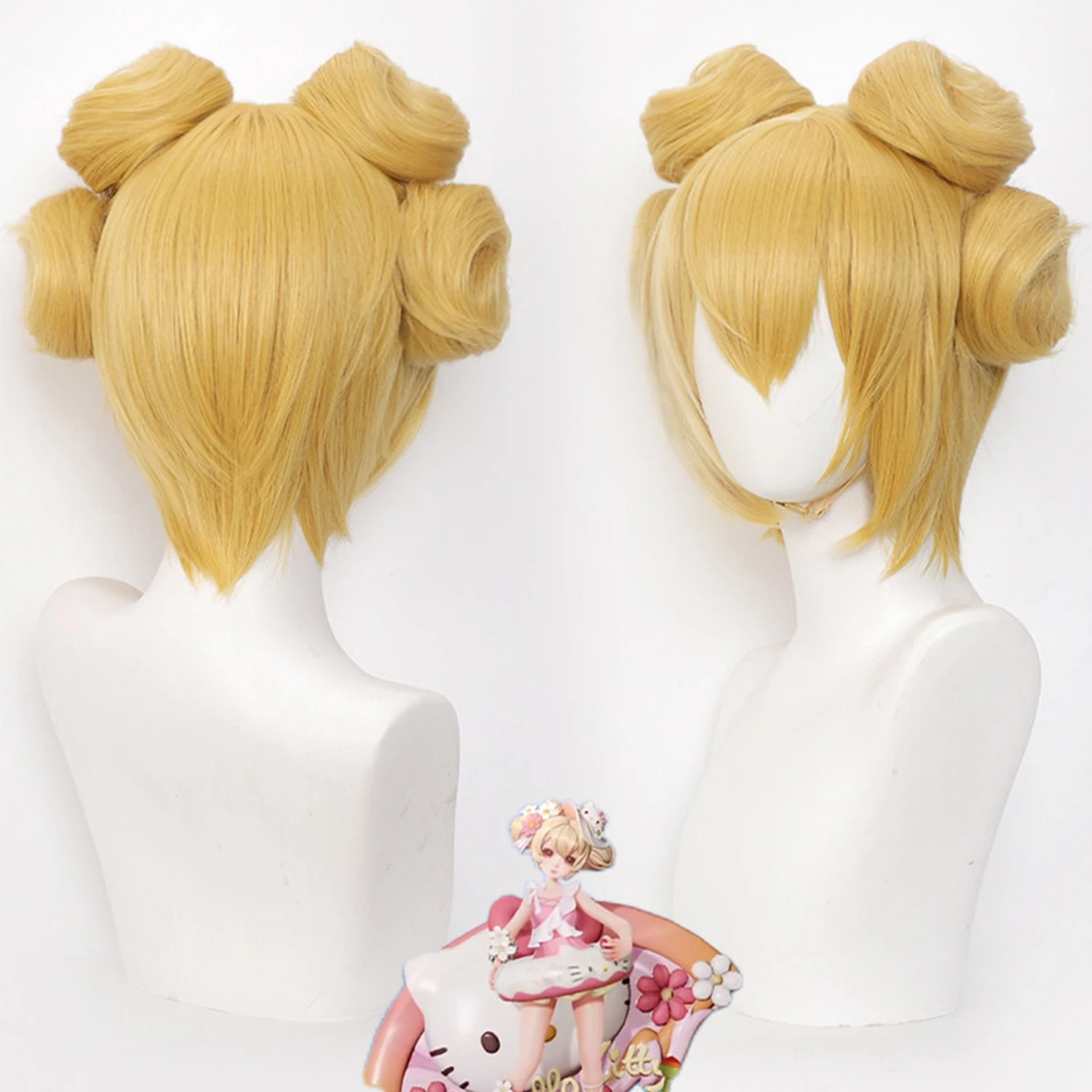

Парик для косплея Kawaii Double Bun Blonde с заколкой в виде кошачьих ушек, термостойкий синтетический парик для аниме, игр, костюмированных вечеринок