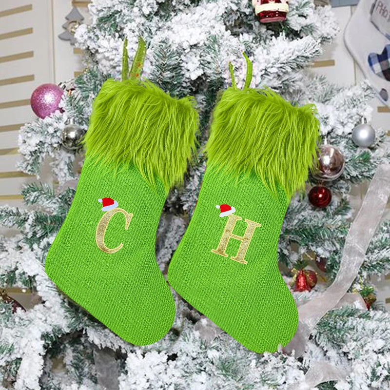 Knitted Green Christmas Socks Letter Embroidered Knitting Stockings Xmas Tree Hanging Pendants Ornaments Home Decoration