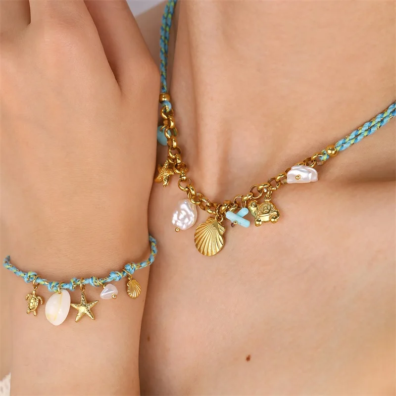 EILIECK Ocean Series Edelstahl Seestern Muschel Anhänger Halskette Armband Set Exklusive Kordelkette Schmuck für Damen – Detail 9