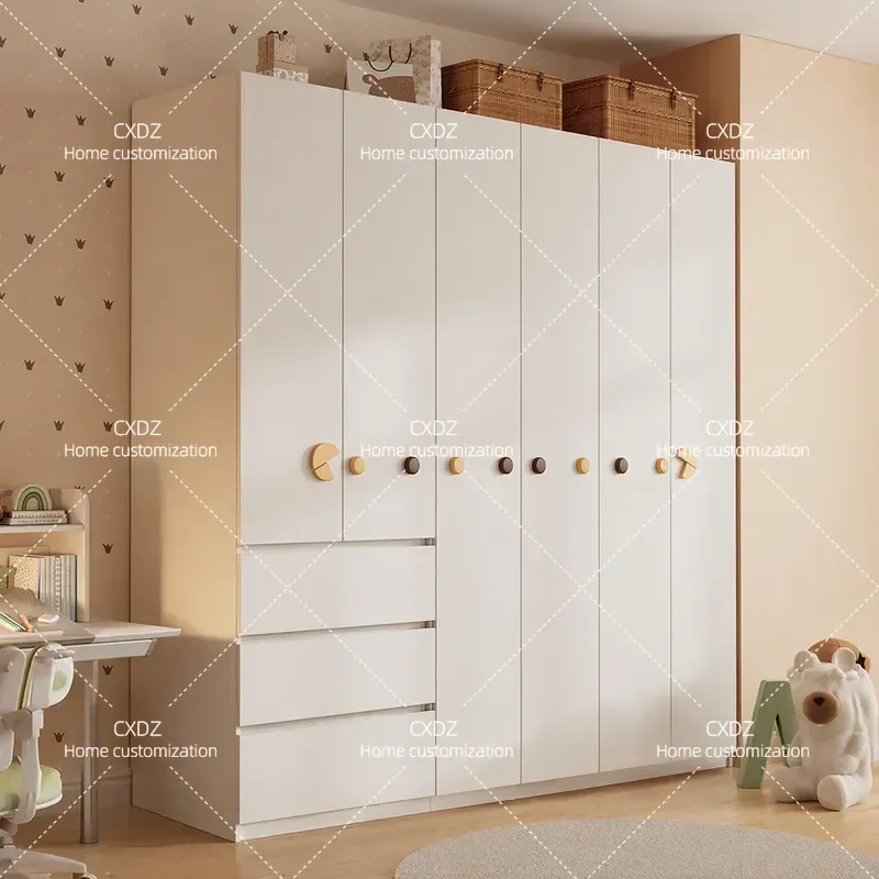 Cream Wind Oak Wardrobe Solid Wood Cabinet Bedroom Household Small Flat Door Handle Baby Wardrobe