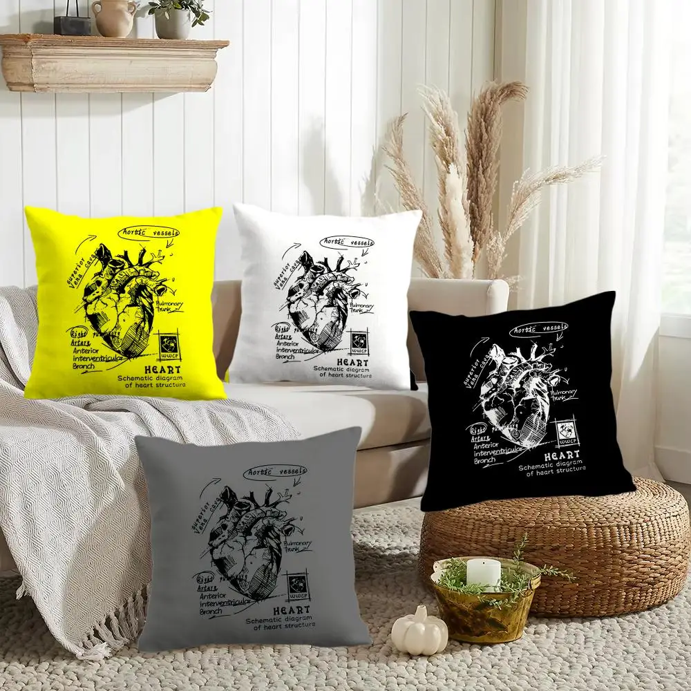 Creative Cardiovascular model Heart Cushion Cover Double-Sided Printed Organic Linen Pillow Cover, Decorative for Sofa Home