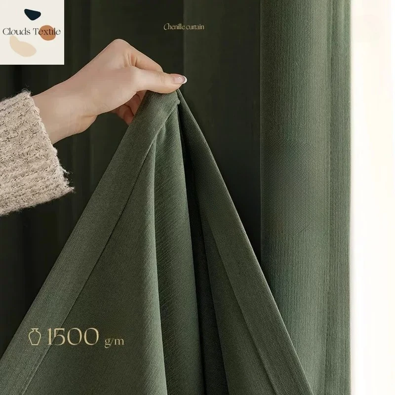 

Modern Retro Green Customize Double-sided Blackout Chenille Velvet Curtains for Living Room Bedroom Window White Tulle Elegant