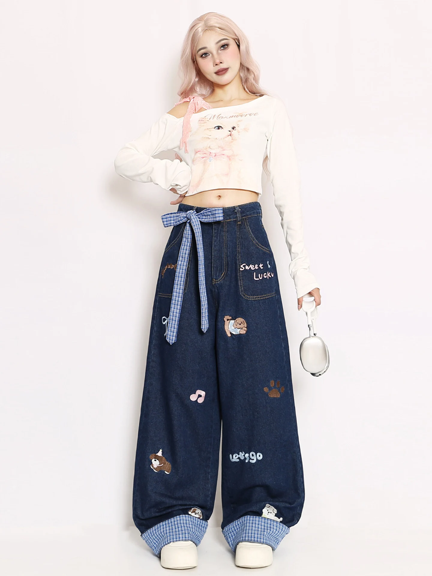 Cute Dog Bow Tie Embroidered Denim Pants High Waist Wide Leg Straight Cut Cuffed Casual Blue Jeans for Young Women Autumn