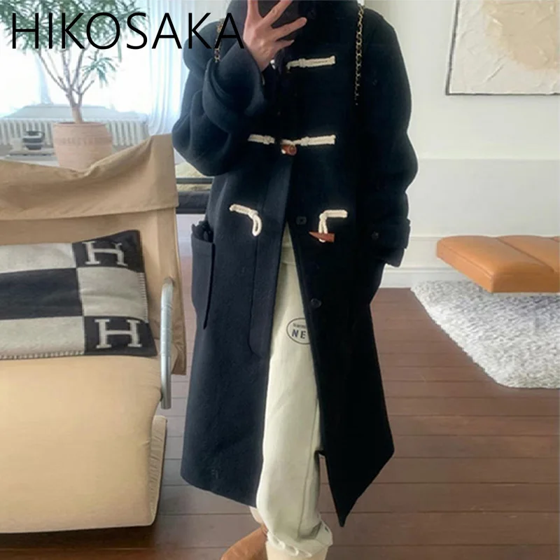 Korean Chic Preppy Style Horn Button Overcoat Elegant Long Sleeve Hooded Wollen Coats 2024 Autumn Winter Casual All-match Jacket