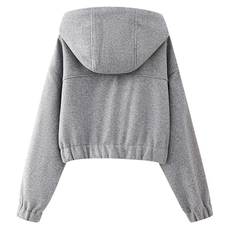 TRAF 2025 Grey Crop Hoodies Women Zip Up Long Sleeve Hooded Shirt New In Hoodies & Sweatshirtswoman Sweatshirts Chic Outerwears