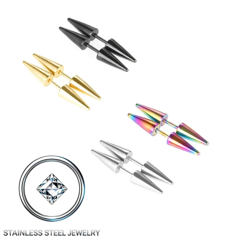 Pointed Cone Screw-back Stainless Steel Men Stud Earrings Black Ball Brief Style IP Plated No Fade Allergy Free