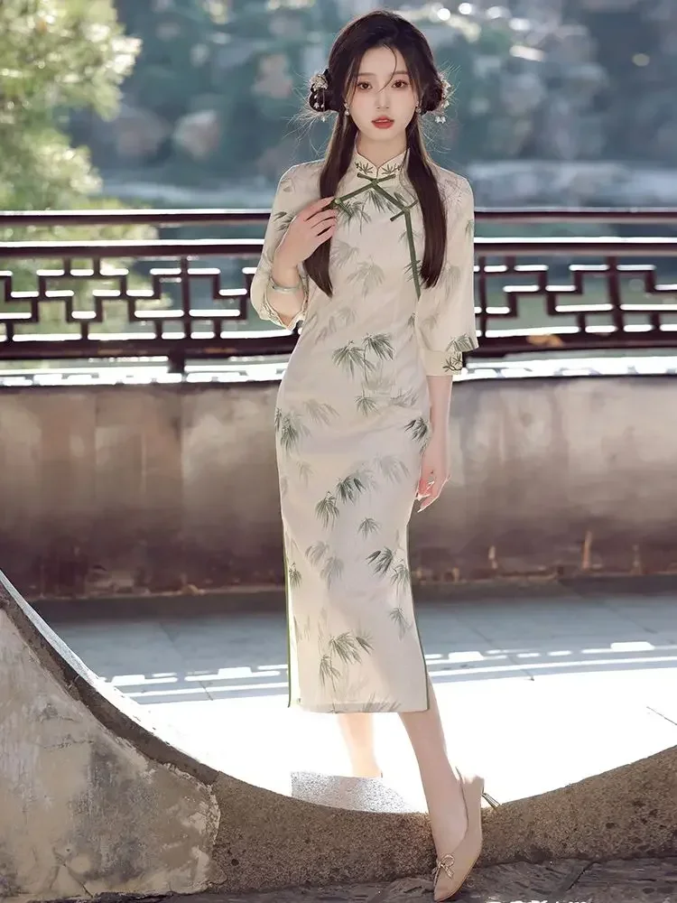 

Summer Long Cheongsam Light Green Mid Sleeve Dress Traditional Vintage Costumes Elegant Qipao Champagne S To XXL