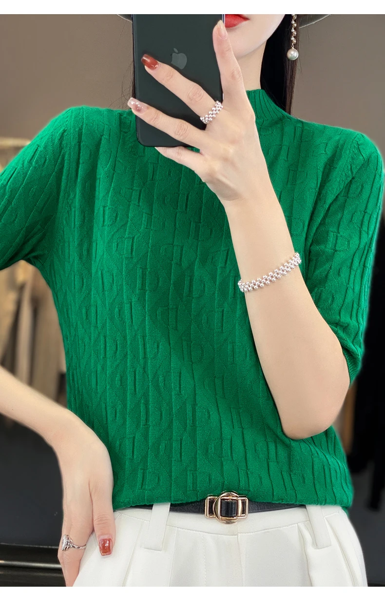 Women New Soft Diamond Letter Design Sweater Half-high Collar Three Quarter Sleeve Pullover Spring Summer Casual Knit Slim Top
