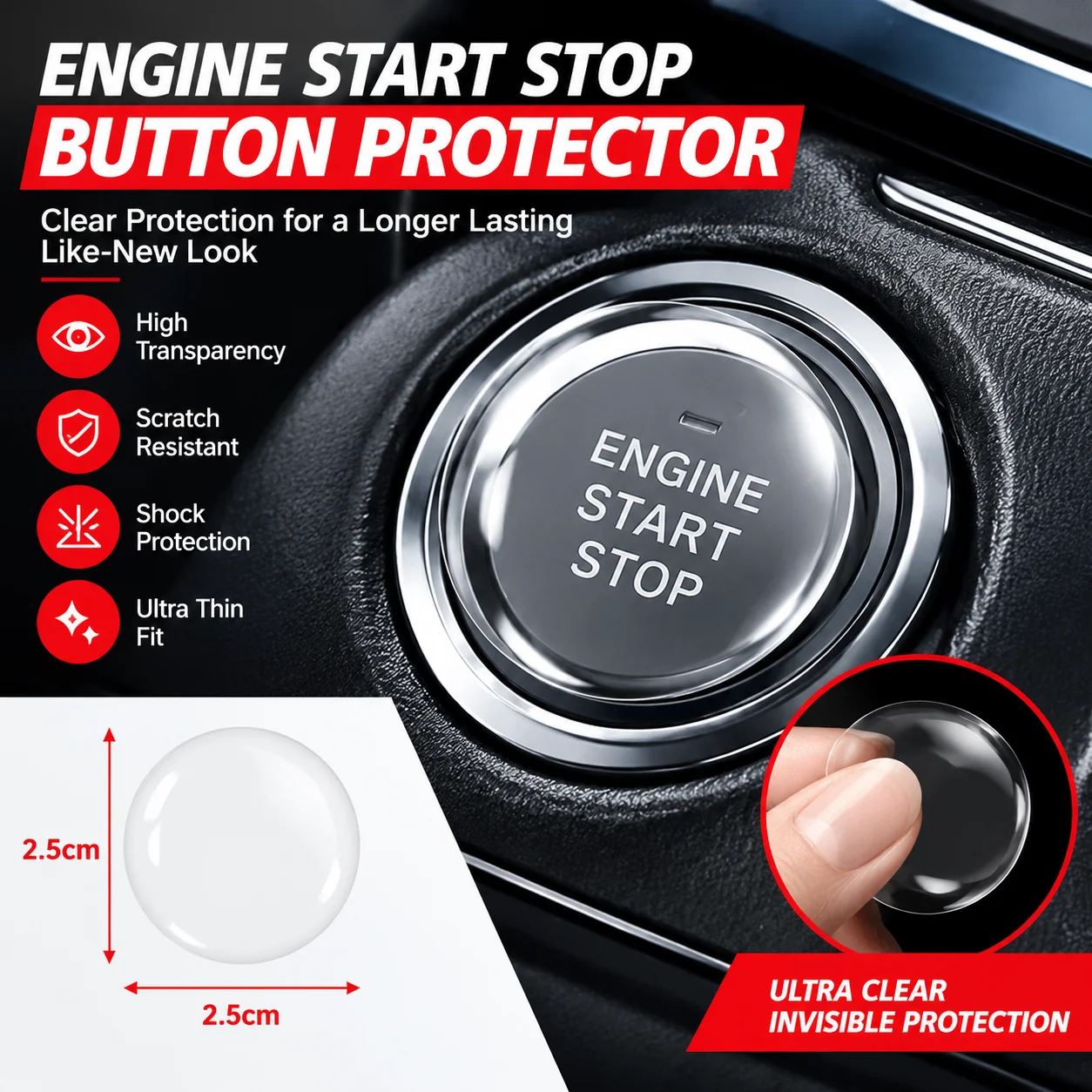 Transparent Car Start Stop Button Protector Film Clear Scratch Resistant Interior Switch Cover Easy Press Fit - view 5