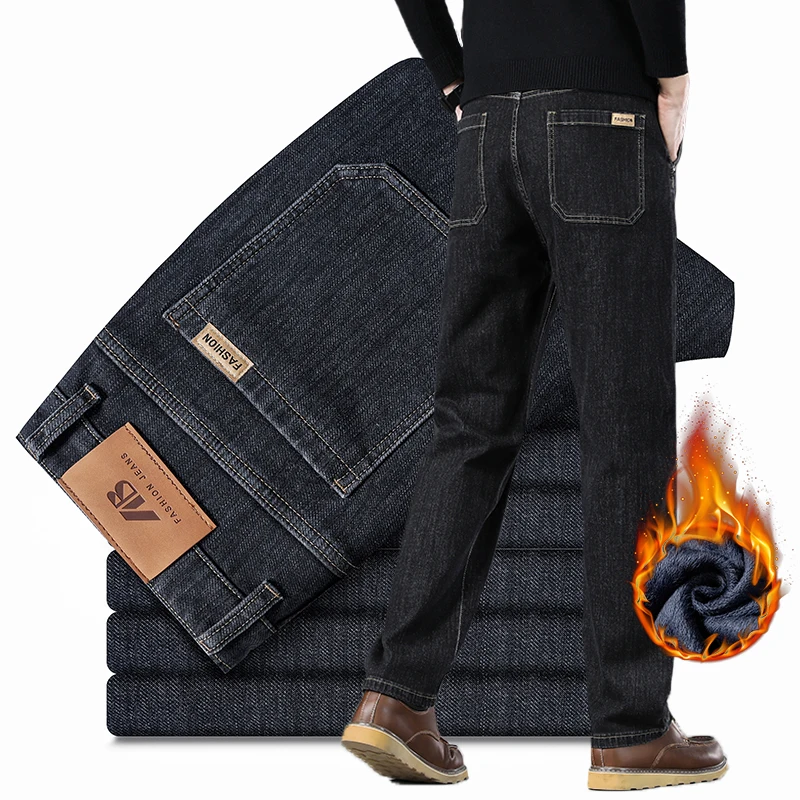 

Флисовые мужские винтажные джинсы, свободные теплые повседневные деловые флисовые брюки, прямые утолщенные модные брендовые плюшевые джинсовые брюки