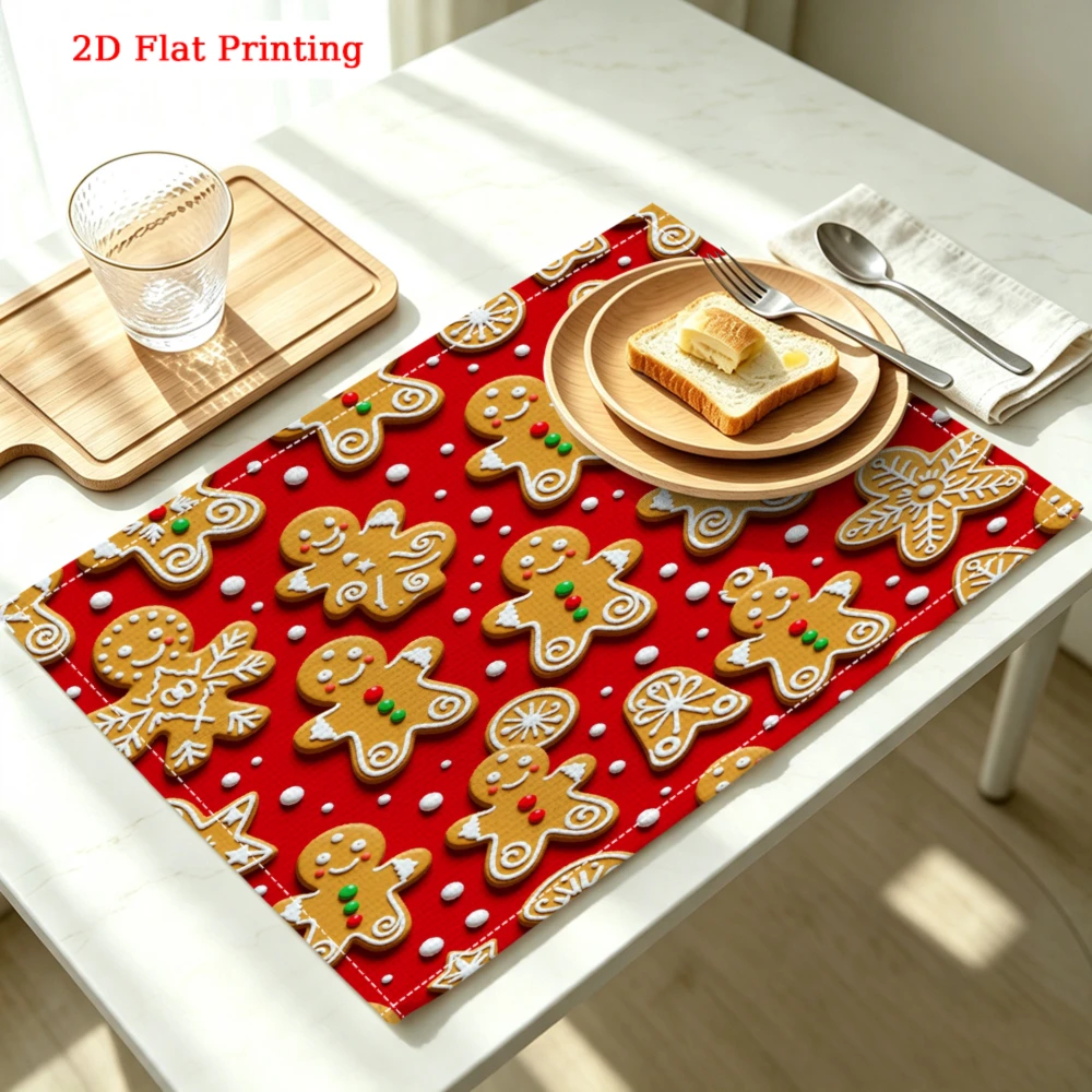 Gingerbread Men On Red Background Kitchen Placemat Coaster Linen Pad Dish Coffee Cup Table Mat 30x40cm Home Decor